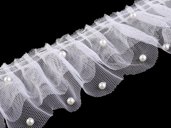 Tylový volánek s perlami šíře 75 mm