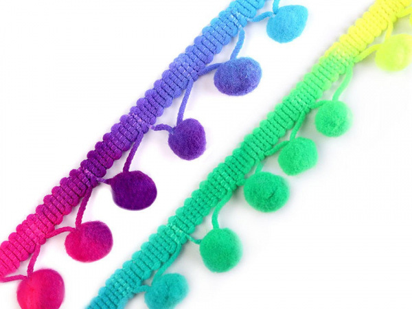 Prýmek šíře 20 mm s malými bambulkami Ø10 mm neonový / duhový