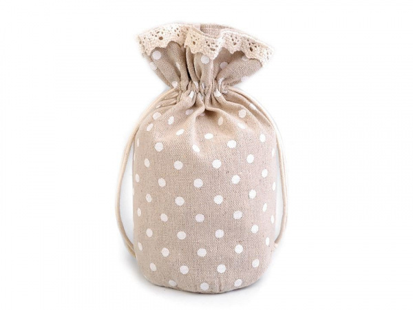 Dárkový pytlík měšec 13,5x18,5 cm lněný s puntíky a krajkou