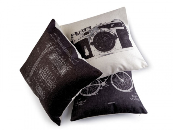 Povlak na polštář retro - kytara, fotoaparát, kolo 43x43 cm