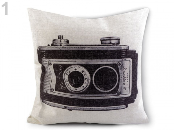 Povlak na polštář retro - kytara, fotoaparát, kolo 43x43 cm