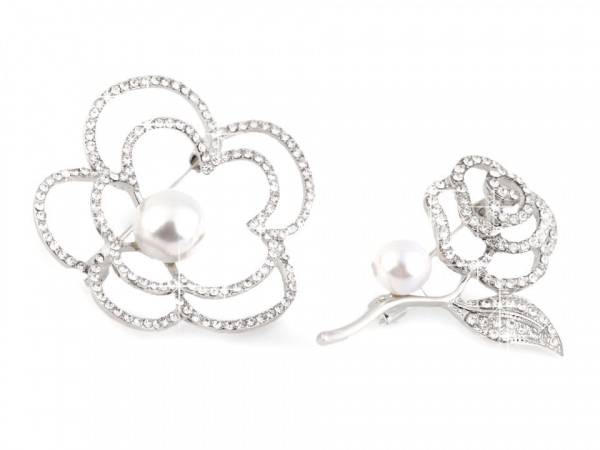 Brož květ s perlou a broušenými kamínky