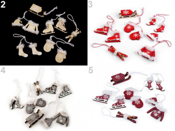 Vánoční dekorace - sáňky, lyže, brusle, rukavice, čepice, bunda, ponožky