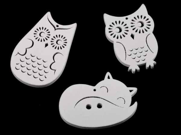 Dřevěné sovičky a liška k zavěšení / k nalepení / k domalování