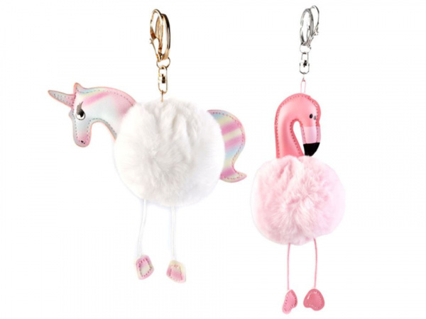Kožešinový přívěsek na kabelku / klíče jednorožec, plameňák