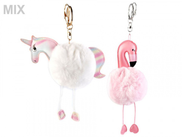 Kožešinový přívěsek na kabelku / klíče jednorožec, plameňák