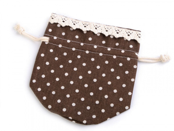 Lněný pytlík / měšec s puntíky a krajkou 12x12,5 cm