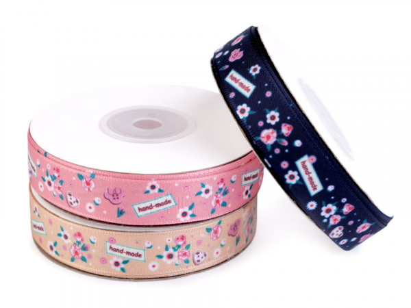 Saténová stuha Handmade s květy šíře 15 mm