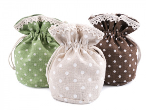 Lněný pytlík / měšec s puntíky a krajkou 12x12,5 cm