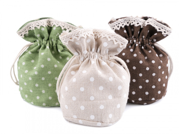 Lněný pytlík / měšec s puntíky a krajkou 12x12,5 cm