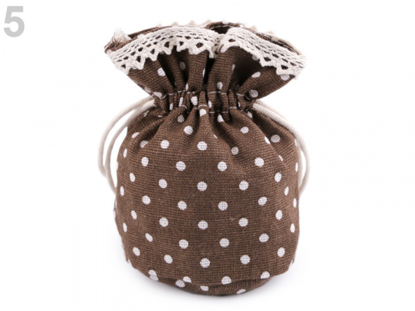 Lněný pytlík / měšec s puntíky a krajkou 12x12,5 cm