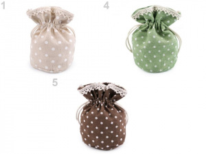 Lněný pytlík / měšec s puntíky a krajkou 12x12,5 cm