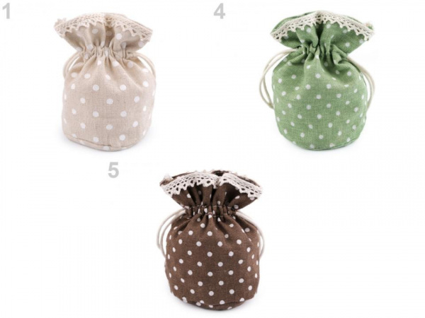 Lněný pytlík / měšec s puntíky a krajkou 12x12,5 cm