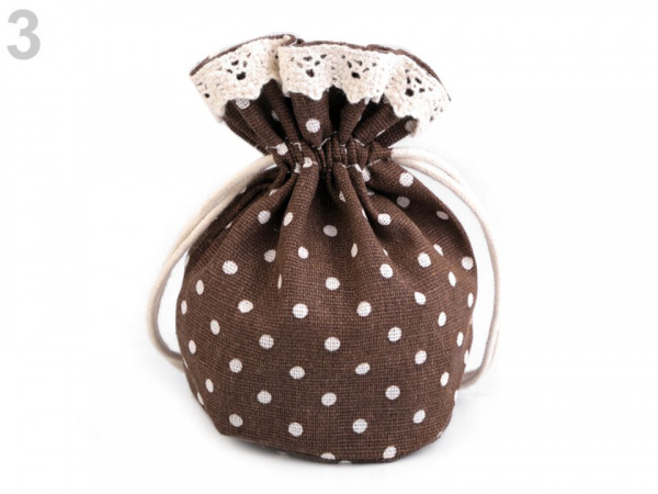 Lněný pytlík / měšec s puntíky a krajkou 12x12,5 cm