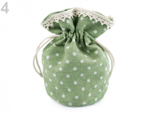 Lněný pytlík / měšec s puntíky a krajkou 12x12,5 cm