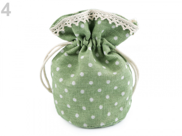 Lněný pytlík / měšec s puntíky a krajkou 12x12,5 cm
