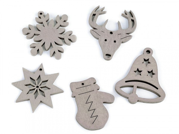 Dřevěné dekorace vánoční vločka, hvězda, stromeček, zvoneček, koník, sob k zavěšení / k nalepení