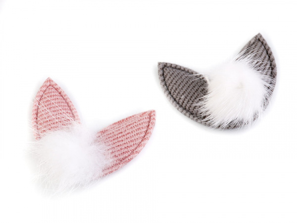 Textilní aplikace / nášivka uši s kožešinovou bambulkou