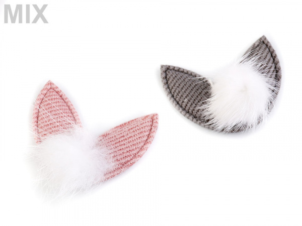 Textilní aplikace / nášivka uši s kožešinovou bambulkou