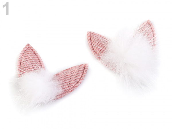 Textilní aplikace / nášivka uši s kožešinovou bambulkou