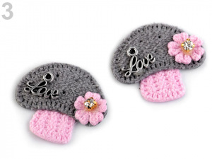 Háčkovaná textilní aplikace / nášivka hříbek s kamínkem