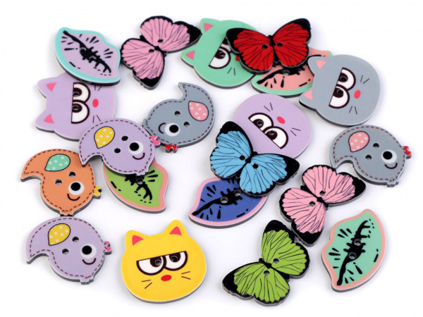 Knoflík rty, ptáček, motýl, kočka