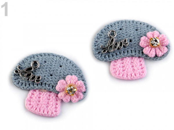 Háčkovaná textilní aplikace / nášivka hříbek s kamínkem