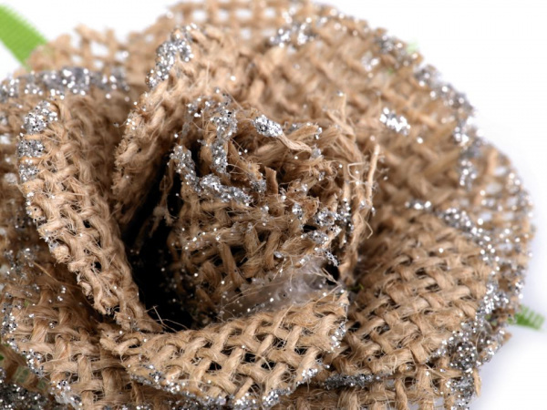 Textilní aplikace / nášivka jutový květ s glitry Ø55 mm