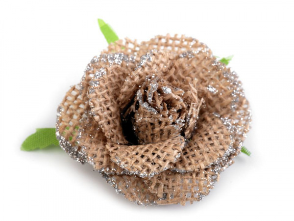 Textilní aplikace / nášivka jutový květ s glitry Ø55 mm