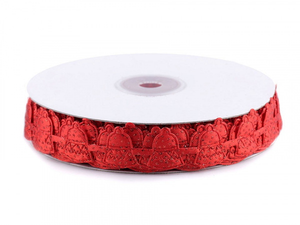 Saténový prýmek šíře 20 mm vánoční zvonečky s glitry