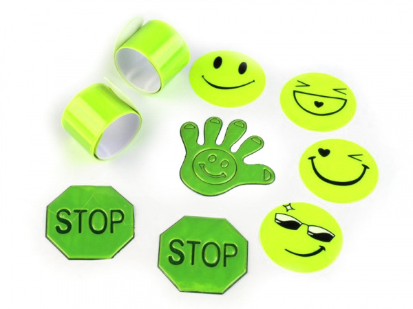 Sada reflexních odrazek smajlík, ruka, stop, náramek 9 ks