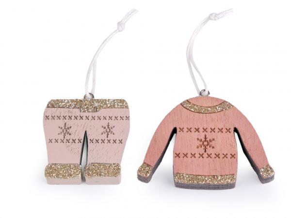 Vánoční dřevěná dekorace - brusle, rukavice, čepice, bunda, ponožka, kalhoty