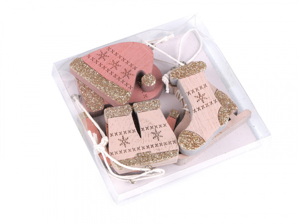 Vánoční dřevěná dekorace - brusle, rukavice, čepice, bunda, ponožka, kalhoty