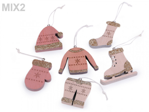 Vánoční dřevěná dekorace - brusle, rukavice, čepice, bunda, ponožka, kalhoty