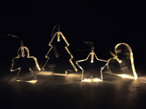 Skleněná svítící dekorace - anděl, hvězda, stromeček, srdce