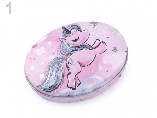 Plechová oválná krabička jednorožec