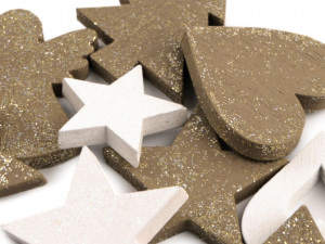 Dřevěná dekorace srdce, stromeček, hvězda, anděl s glitry