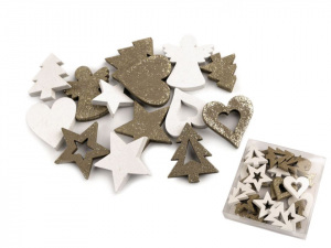 Dřevěná dekorace srdce, stromeček, hvězda, anděl s glitry