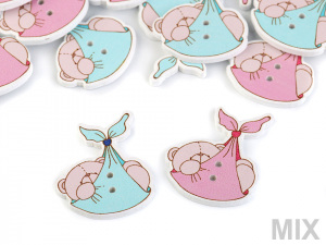 Dřevěný dekorační knoflík medvídek v šátku pro miminko