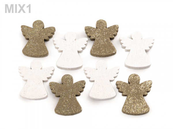 Dřevěná dekorace srdce, stromeček, hvězda, anděl s glitry