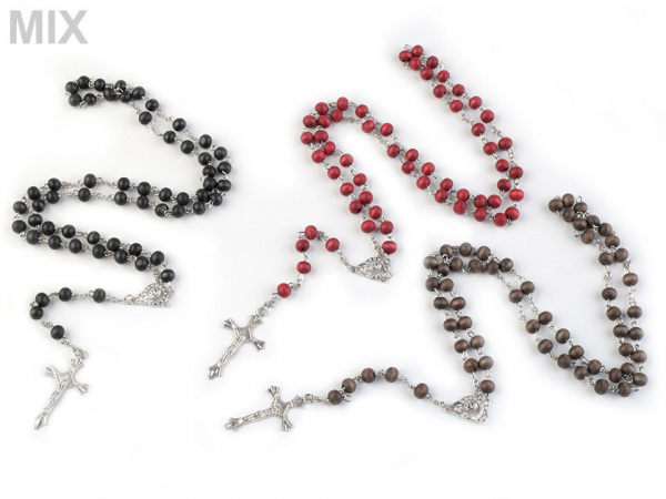 Růženec s dřevěnými korálky v krabičce