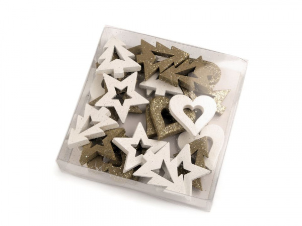 Dřevěná dekorace srdce, stromeček, hvězda, anděl s glitry