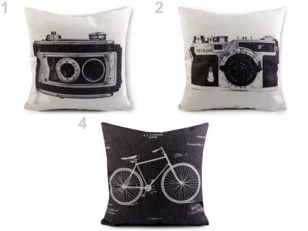 Povlak na polštář retro - kytara, fotoaparát, kolo 43x43 cm