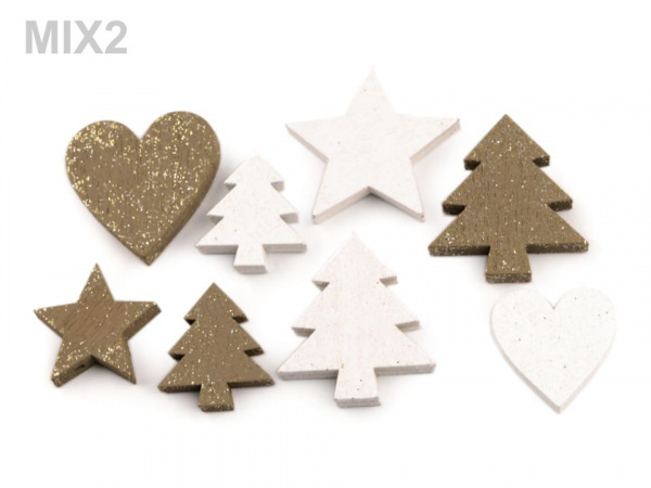 Dřevěná dekorace srdce, stromeček, hvězda, anděl s glitry