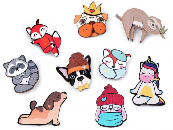 Dřevěná brož liška, pes, lenochod, mýval, jednorožec