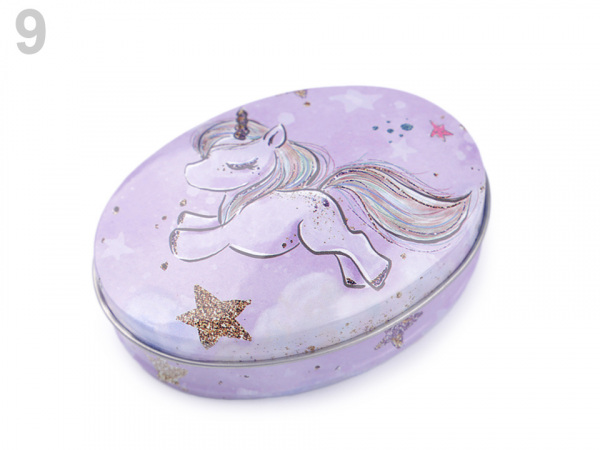 Plechová oválná krabička jednorožec