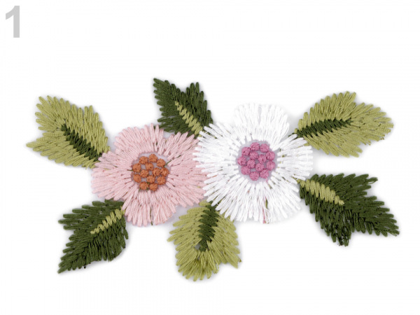 Vyšívaná aplikace květy na monofilu 7,5x13,5 cm