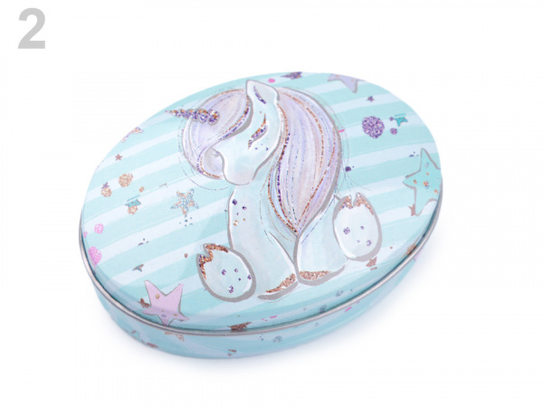 Plechová oválná krabička jednorožec