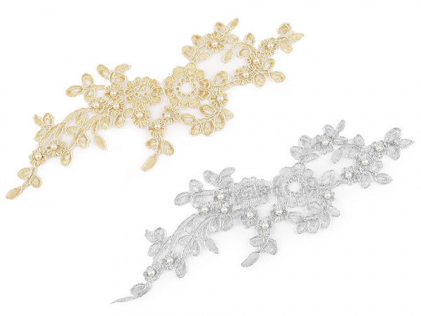 Lurexová aplikace / vsadka na monofilu 11,5x30 cm s perlami, na společenské šaty