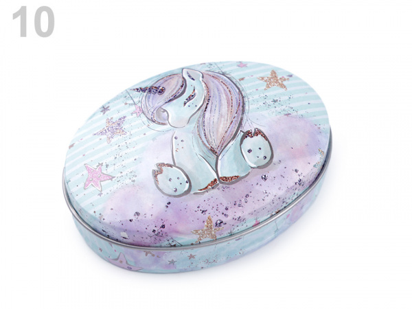 Plechová oválná krabička jednorožec